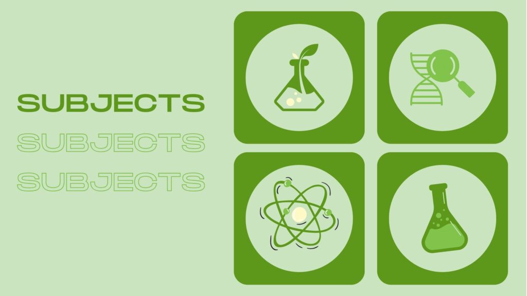 botany, zoology, physics, chemistry NEET subject icons in green colour