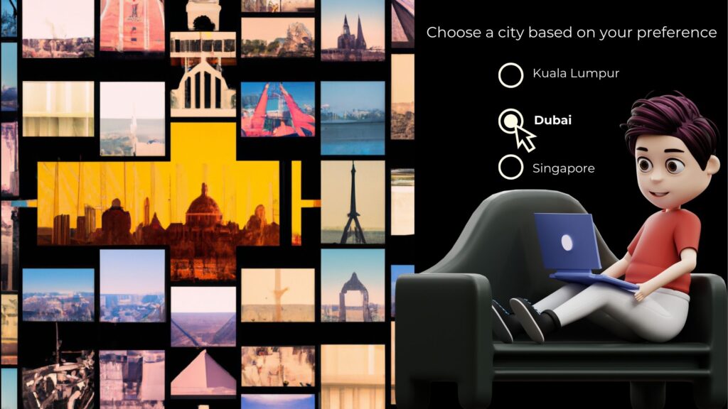 Image of multiple cities and a boy using laptop on a sofa, in the background there is an drop down menu with neet exam cities
